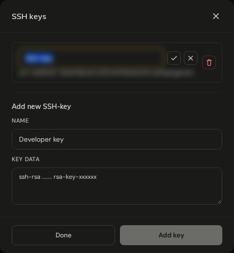 Manage keys dialog with a key being renamed