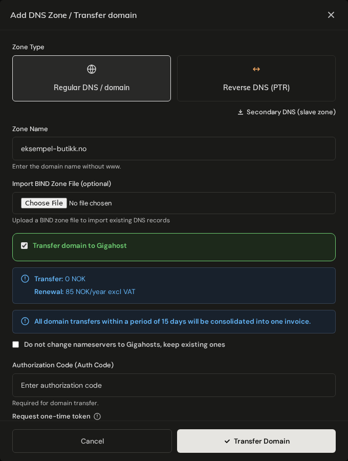 Add DNS Zone / Transfer domain dialog