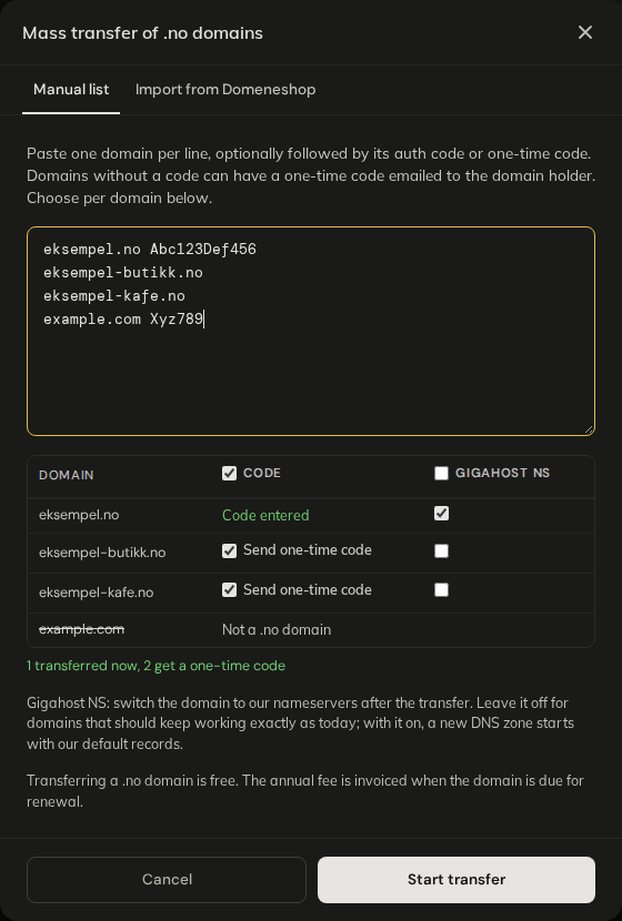 Mass transfer, Manual list tab with three domains in the preview