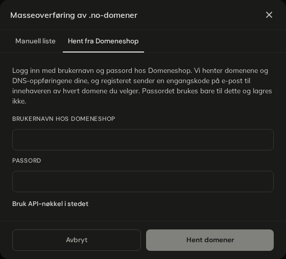 Hent fra Domeneshop, innloggingssteget
