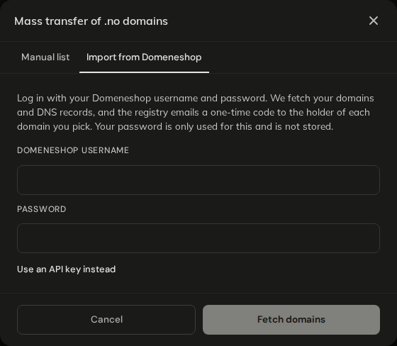 Import from Domeneshop, login step