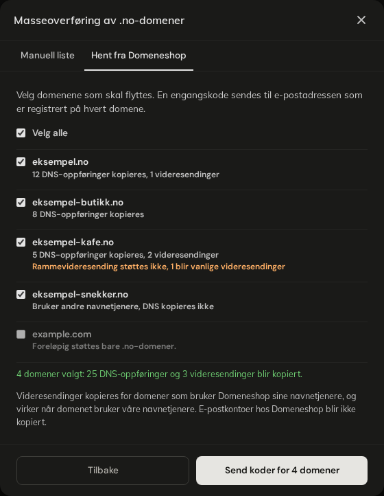 Hent fra Domeneshop, domeneliste med poster og videresendinger som kopieres