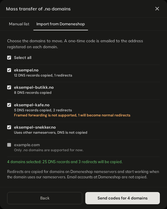 Import from Domeneshop, domain list with records and redirects to copy