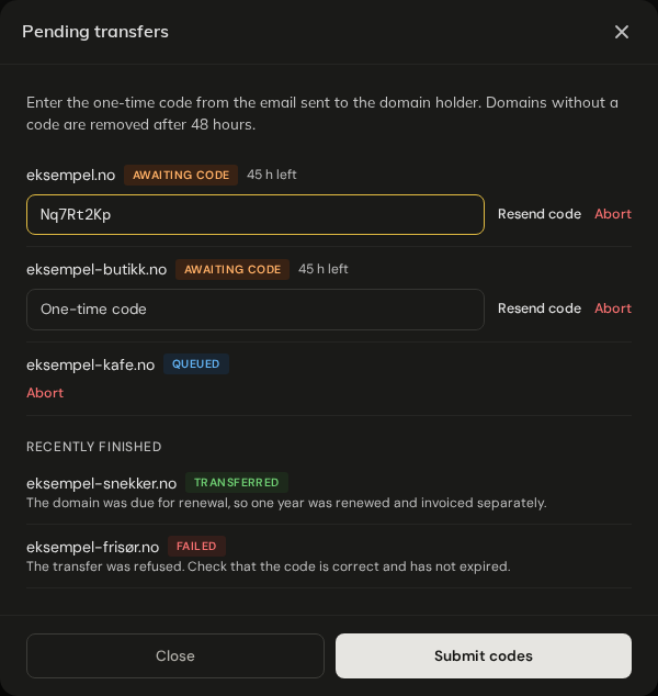 Pending transfers dialog with codes waiting to be entered