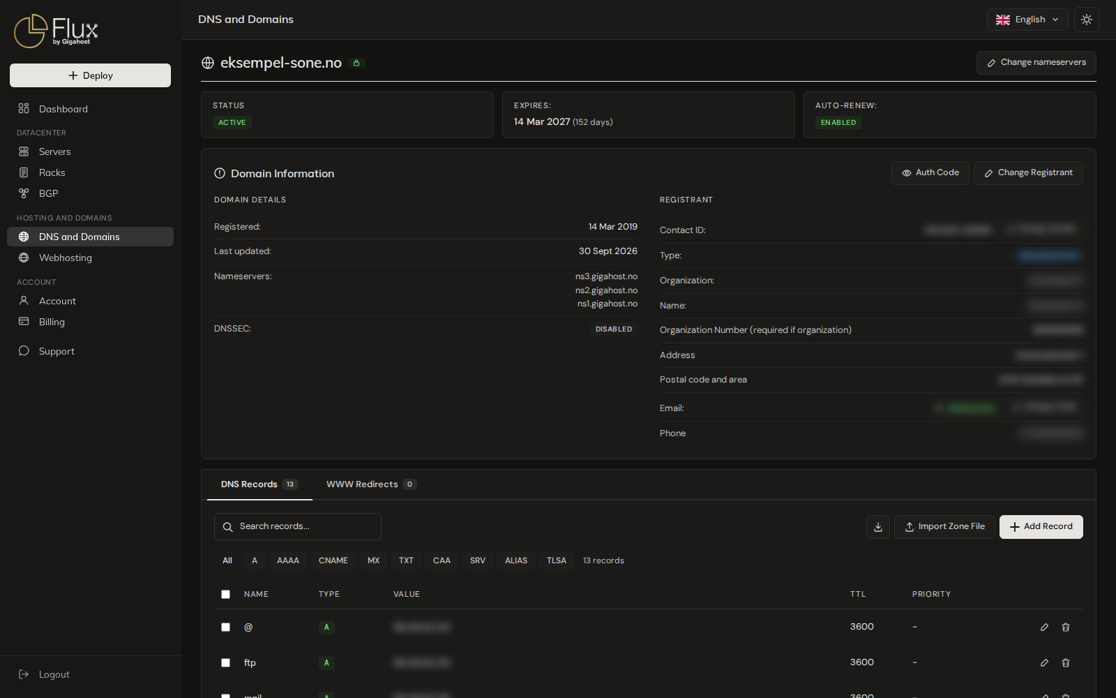 Zone page of a registered domain with status, expiry, auto-renew and the Domain Information card