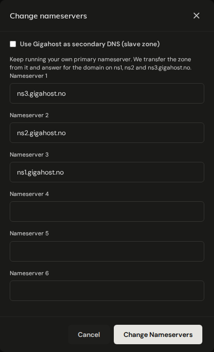 Change nameservers dialog