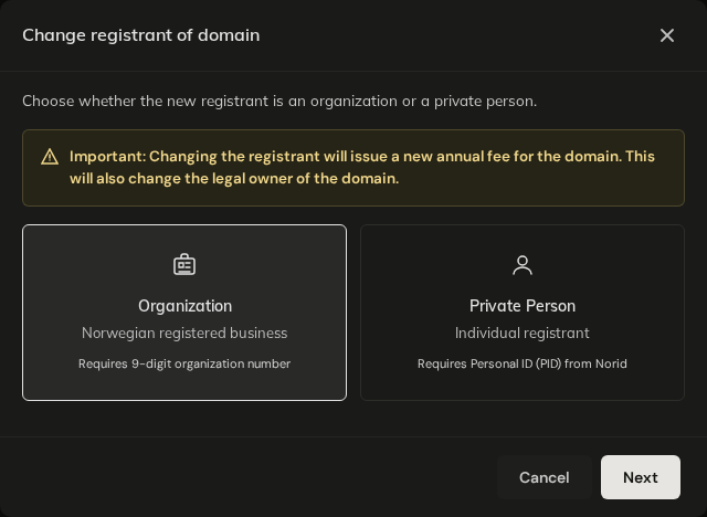 Change registrant of domain, first step for a .no domain
