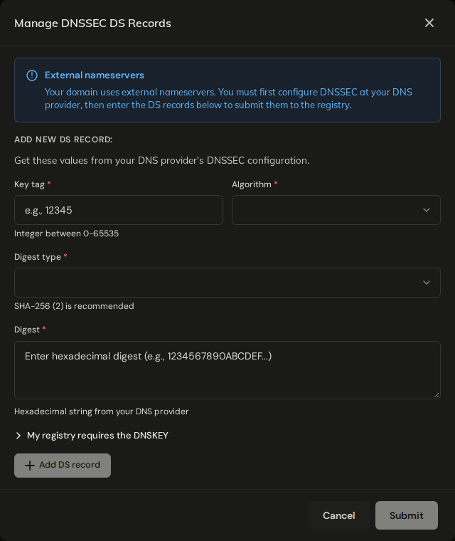 Manage DNSSEC DS Records dialog